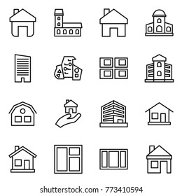 Thin line icon set : home, mansion, skyscraper, modern architecture, panel house, building, real estate, office, window