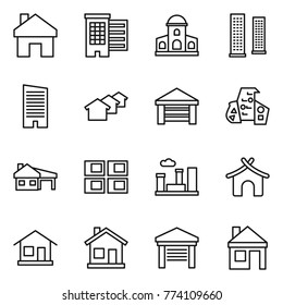 Thin line icon set : home, houses, mansion, skyscrapers, skyscraper, garage, modern architecture, house with, panel, city, bungalow