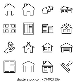 Thin line icon set : home, houses, house with garage, panel, window, district, real estate, bungalow, scraper