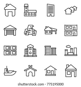 Thin line icon set : home, mansion, skyscraper, houses, garage, modern architecture, house with, modular, panel, building, district, city, sea shipping, bungalow
