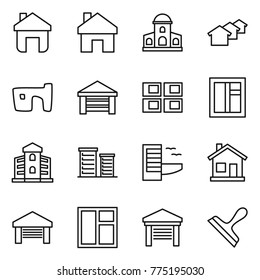 Thin line icon set : home, mansion, houses, slum, garage, panel house, window, building, district, hotel, scraper