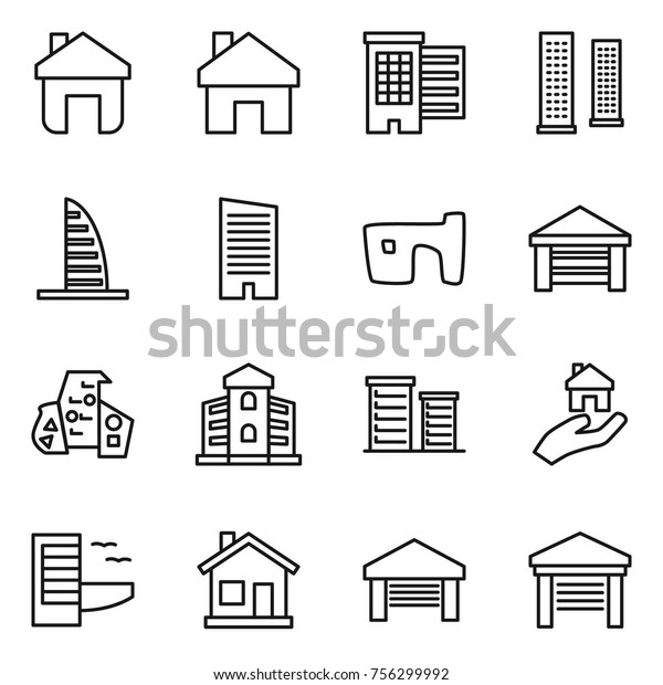 Thin line icon set : home, houses, skyscrapers,\
skyscraper, slum, garage, modern architecture, building, district,\
real estate, hotel
