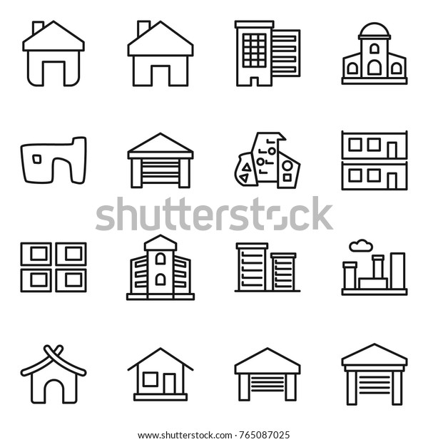 Thin line icon set : home, houses, mansion,\
slum, garage, modern architecture, modular house, panel, building,\
district, city, bungalow