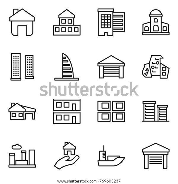 Thin\
line icon set : home, cottage, houses, mansion, skyscrapers,\
skyscraper, garage, modern architecture, house with, modular,\
panel, district, city, real estate, sea\
shipping