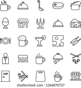 Thin Line Icon Set - hot cup vector, coffee, waiter, dish, cafe, cocktail, beer, egg stand, building, candle, vip zone, steak, kebab, ladle, cutting board, steaming pan, sushi, cheese, storefront