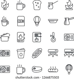 Thin Line Icon Set - hot cup vector, coffee machine, fire, air conditioner, bread, steak, dog, bowl, steaming pan, turkish, water heater, thermometer, balloon