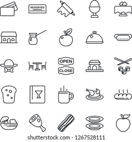 Thin Line Icon Set - hot cup vector, cafe, dish, restaurant table, wine card, reserved, salad, plates, bacon, egg stand, bread, building, dress code, open close, credit, chicken, ham, dog, sushi