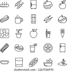 Thin Line Icon Set - hot cup vector, seedling, plant label, diet, drink, phyto bar, salad, bacon, bread, kebab, dog, apple fruit, fan, fridge, palm sproute