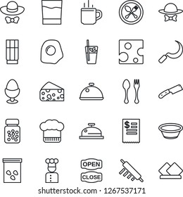 Thin Line Icon Set - hot cup vector, spoon and fork, sickle, seeds, pills bottle, cook, dish, hat, reception, drink, phyto bar, egg stand, dress code, open close, restaurant receipt, bowl, knife