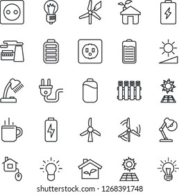 Thin Line Icon Set - hot cup vector, bulb, factory, battery, brightness, charge, desk lamp, sun panel, windmill, home control, eco house, socket, power plug, radiator, idea