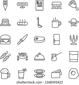 Thin Line Icon Set - hot cup vector, plant label, fridge, dish, reserved, drink, phyto bar, beer, plates, bread, cafe building, candle, vip zone, dress code, credit card, restaurant receipt, steak