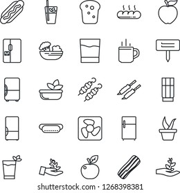 Thin Line Icon Set - hot cup vector, seedling, plant label, fridge, drink, phyto bar, salad, bacon, bread, kebab, dog, apple fruit, fan, palm sproute