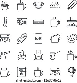 Thin Line Icon Set - hot cup vector, coffee machine, fire, fireplace, thermometer, air conditioner, bread, steak, dog, bowl, steaming pan, turkish, water heater, balloon