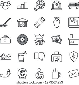 Thin Line Icon Set - hot cup vector, vip, reception, rake, bench, fireplace, caterpillar, doctor case, patch, disabled, real heart, cash, warehouse, vinyl, group, finger down, protect, scanner, mail