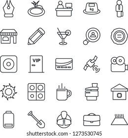 Thin Line Icon Set - hot cup vector, shop, manager place, job, pencil, stamp, sun, pond, client, heavy, satellite, low battery, rec button, video, application, case, ink pen, copier, search