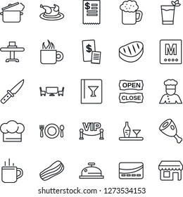 Thin Line Icon Set - hot cup vector, cook, alcohol, restaurant table, cafe, hat, wine card, menu, reception, phyto bar, coffee, beer, bacon, vip zone, open close, credit, receipt, chicken, steak