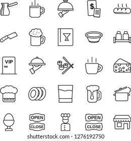 Thin Line Icon Set - hot cup vector, coffee, cook, hat, wine card, drink, beer, plates, waiter, egg stand, salt and pepper, bread, vip zone, open close, restaurant receipt, bowl, knife, steaming pan