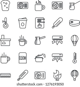 Thin Line Icon Set - hot cup vector, coffee machine, fire, fireplace, thermometer, air conditioner, bread, steak, steaming pan, turkish, water heater, balloon