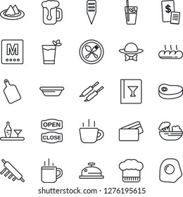 Thin Line Icon Set - hot cup vector, spoon and fork, coffee, plant label, alcohol, serviette, cook hat, wine card, menu, reception, phyto bar, beer, salad, bread, dress code, open close, credit