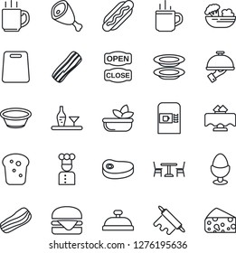 Thin Line Icon Set - hot cup vector, cafe, coffee machine, cook, alcohol, restaurant table, reception, salad, plates, bacon, waiter, egg stand, bread, open close, steak, ham, hamburger, dog, bowl