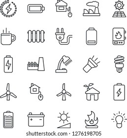 Thin Line Icon Set - hot cup vector, factory, fire, battery, low, torch, brightness, charge, desk lamp, sun panel, windmill, home control, eco house, power plug, water heater, radiator, idea