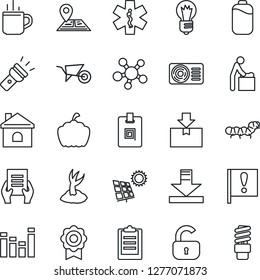 Thin Line Icon Set - hot cup vector, baby room, document, bulb, wheelbarrow, sproute, house, pumpkin, caterpillar, ambulance star, navigation, important flag, package, equalizer, share, download