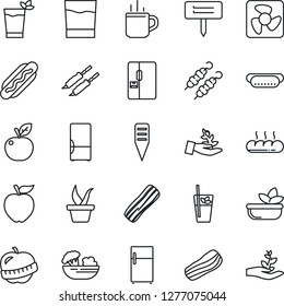 Thin Line Icon Set - hot cup vector, seedling, plant label, diet, fridge, drink, phyto bar, salad, bacon, bread, kebab, dog, apple fruit, fan, palm sproute