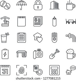 Thin Line Icon Set - hot cup vector, office building, desk, notepad, document reload, shovel, watering, well, pills, receipt, clipboard, umbrella, camera, calculator, calendar, lock, sweet home