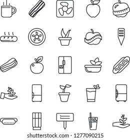 Thin Line Icon Set - hot cup vector, seedling, plant label, diet, fridge, drink, phyto bar, salad, bacon, bread, dog, apple fruit, fan, palm sproute