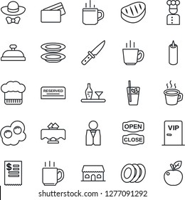 Thin Line Icon Set - hot cup vector, coffee, waiter, cook, alcohol, restaurant table, hat, reserved, reception, phyto bar, plates, cafe building, candle, vip zone, dress code, open close, receipt