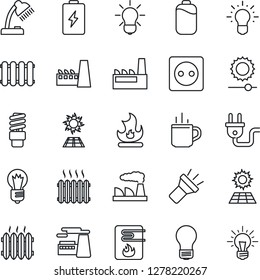 Thin Line Icon Set - hot cup vector, bulb, factory, fire, torch, brightness, battery, desk lamp, sun panel, heater, socket, power plug, water, radiator, energy saving, idea