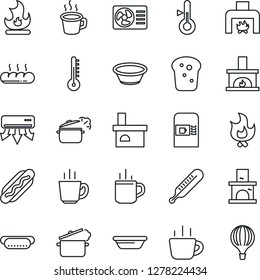 Thin Line Icon Set - hot cup vector, coffee machine, fire, fireplace, thermometer, bread, dog, bowl, steaming pan, air conditioner, balloon