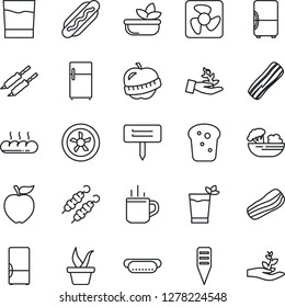 Thin Line Icon Set - hot cup vector, seedling, plant label, diet, fridge, drink, phyto bar, salad, bacon, bread, kebab, dog, apple fruit, fan, palm sproute