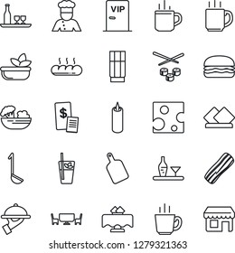 Thin Line Icon Set - hot cup vector, coffee, cook, alcohol, restaurant table, drink, phyto bar, salad, bacon, waiter, bread, candle, cafe, vip zone, receipt, hamburger, ladle, cutting board, sushi