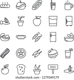 Thin Line Icon Set - hot cup vector, seedling, plant label, diet, drink, phyto bar, salad, bacon, bread, kebab, dog, apple fruit, fan, fridge, palm sproute
