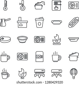 Thin Line Icon Set - hot cup vector, coffee machine, fire, fireplace, air conditioner, steak, dog, bowl, steaming pan, turkish, water heater, thermometer, balloon
