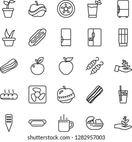 Thin Line Icon Set - hot cup vector, seedling, plant label, diet, fridge, drink, phyto bar, salad, bacon, bread, kebab, dog, apple fruit, fan, palm sproute