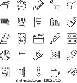 Thin Line Icon Set - hot cup vector, alarm clock, calculator, tie, job, pencil, thermometer, clapboard, speaker, rca, torch, copybook, pie graph, abacus, desk lamp, office building, candle, washer