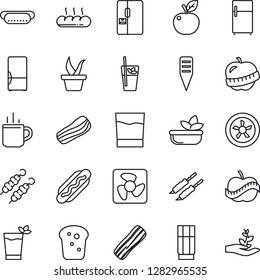 Thin Line Icon Set - hot cup vector, seedling, plant label, diet, fridge, drink, phyto bar, salad, bacon, bread, kebab, dog, apple fruit, fan, palm sproute