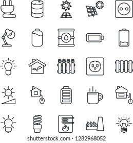 Thin Line Icon Set - hot cup vector, oil barrel, battery, low, brightness, desk lamp, sun panel, factory, home control, eco house, socket, power plug, water heater, radiator, bulb, energy saving
