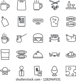 Thin Line Icon Set - hot cup vector, coffee, waiter, dish, alcohol, serviette, reserved, drink, plates, egg stand, bread, cafe table, vip zone, dress code, open close, restaurant receipt, chicken