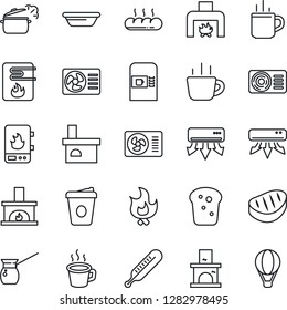 Thin Line Icon Set - hot cup vector, coffee machine, fire, fireplace, thermometer, air conditioner, bread, steak, bowl, steaming pan, turkish, water heater, balloon