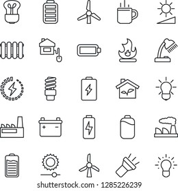 Thin Line Icon Set - hot cup vector, factory, fire, battery, torch, brightness, charge, desk lamp, windmill, home control, eco house, radiator, bulb, energy saving, idea