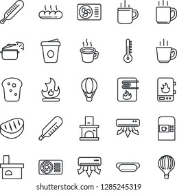 Thin Line Icon Set - hot cup vector, coffee machine, fire, fireplace, thermometer, air conditioner, bread, steak, dog, steaming pan, water heater, balloon