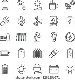Thin Line Icon Set - hot cup vector, bulb, fire, battery, low, torch, brightness, charge, desk lamp, sun panel, windmill, heater, factory, home control, power plug, water, radiator, idea