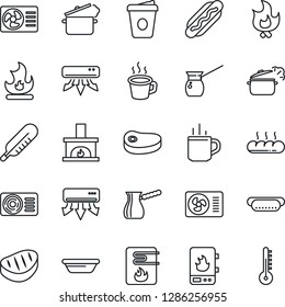Thin Line Icon Set - hot cup vector, coffee, fire, thermometer, fireplace, air conditioner, bread, steak, dog, bowl, steaming pan, turkish, water heater