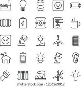 Thin Line Icon Set - hot cup vector, bulb, factory, oil barrel, battery, torch, brightness, desk lamp, windmill, eco house, socket, water heater, radiator, idea