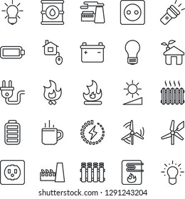 Thin Line Icon Set - hot cup vector, bulb, factory, fire, oil barrel, battery, torch, brightness, charge, windmill, heater, home control, eco house, socket, power plug, water, radiator, idea