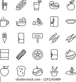 Thin Line Icon Set - hot cup vector, seedling, plant label, diet, fridge, drink, phyto bar, salad, bacon, bread, kebab, dog, apple fruit, fan, palm sproute