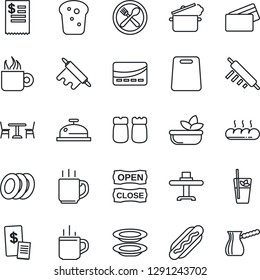 Thin Line Icon Set - hot cup vector, cafe, coffee, restaurant table, reception, phyto bar, salad, plates, salt and pepper, bread, open close, credit card, receipt, dog, rolling pin, cutting board